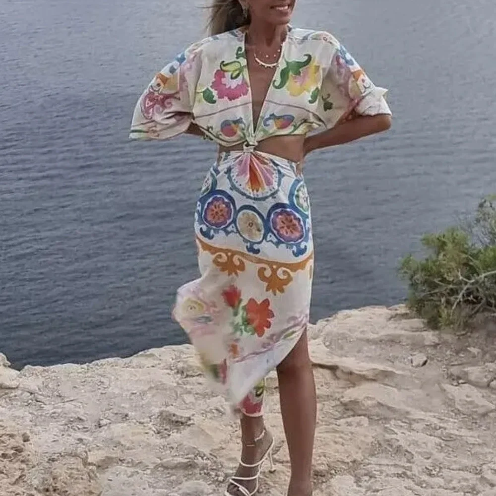 07 Boho Floral Tropical Print Cut out Short Sleeve Dress - Picture 5 of 7